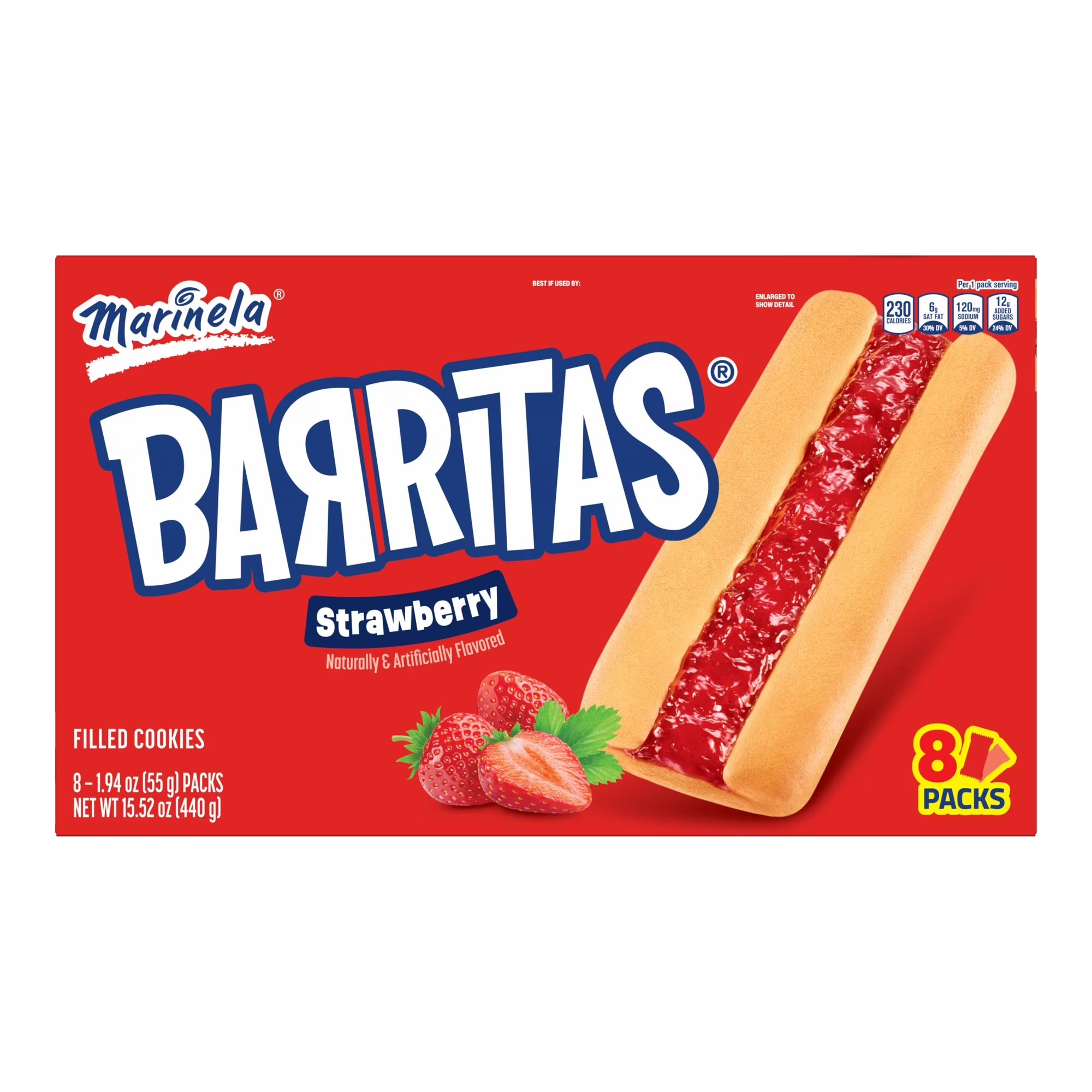 Marinela Barritas Galletas Rellenas de Fresa, 8 packs, Barras de Galleta Suavemente Horneadas, Multipaquete de 15.52 oz